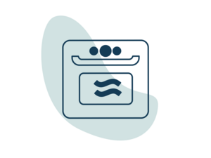 Graphic of a stylized oven with heat waves over a teal abstract shape