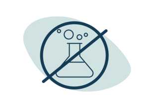 Crossed-out chemistry flask icon over muted teal abstract shape