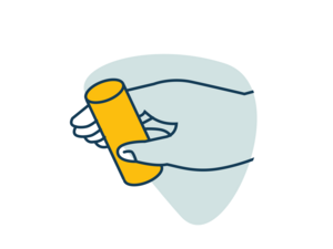 Stylized illustration of hand holding yellow cylinder over pale blue shape