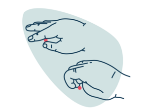 Line illustration of two hands pinching small red pills against a pale blue shape