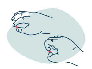 Illustration of two hands pinching small red pills against a pale blue shape