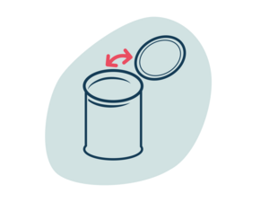 Graphic of an open can with lid and red double-headed arrow indicating motion