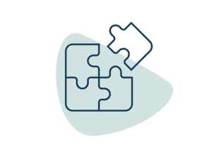Graphic of four-piece puzzle with one piece lifted over pale blue abstract shape