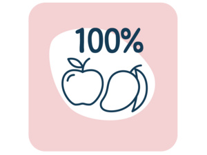 Graphic badge: 100% with apple and banana icons on a pink rounded square
