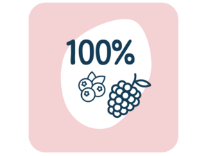 Graphic badge "100%" with blueberry and raspberry icons on pink background