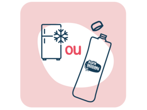 Graphic: refrigerator icon with snowflake and open bottle with cap on pink background