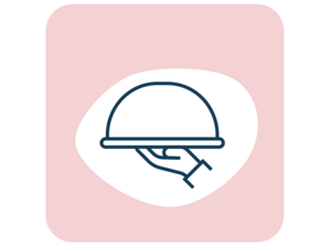 Icon of hand holding serving cloche; navy lines on white shape with pink rounded square