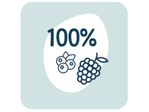 Graphic: 100% with stylized berries on pale teal rounded square