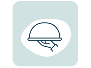 Graphic icon: hand holding covered serving platter (cloche) on teal rounded square