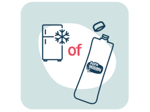 Graphic showing a fridge icon with snowflake, red 'of', and a tilted spray bottle
