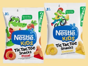 Verpakking van Nestlé Kids Tic Tac Toe-snacks met stripfiguren