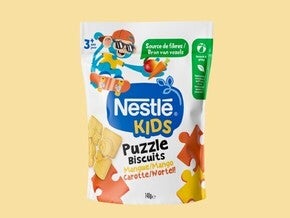 Verpakking van Nestlé Kids Puzzle Biscuits met een kleurrijk ontwerp