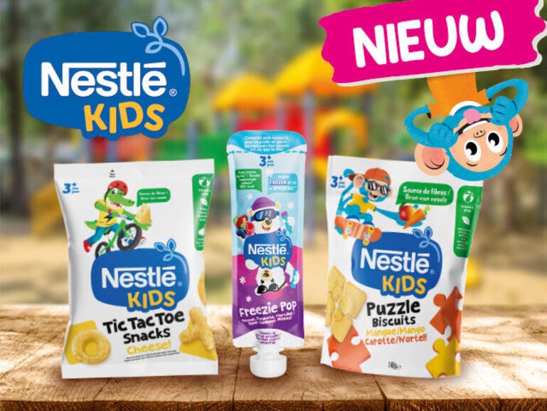 Nestlé Kids logo with colorful snack packaging, cartoon mascots and 'NIEUW' label