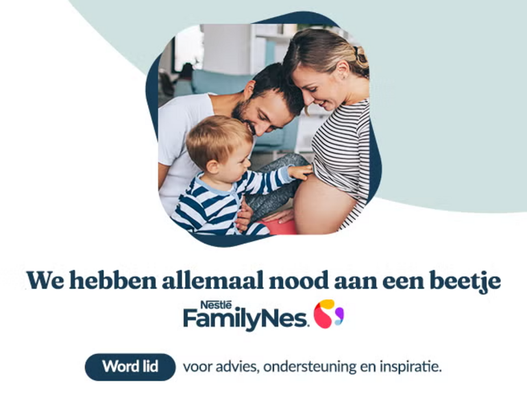 Blue banner with FamilyNes logo, Dutch text and photograph of smiling parent holding baby