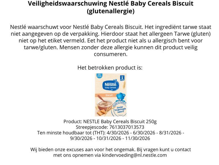 veiligheidswaarschuwing Nestle cereals biscuit