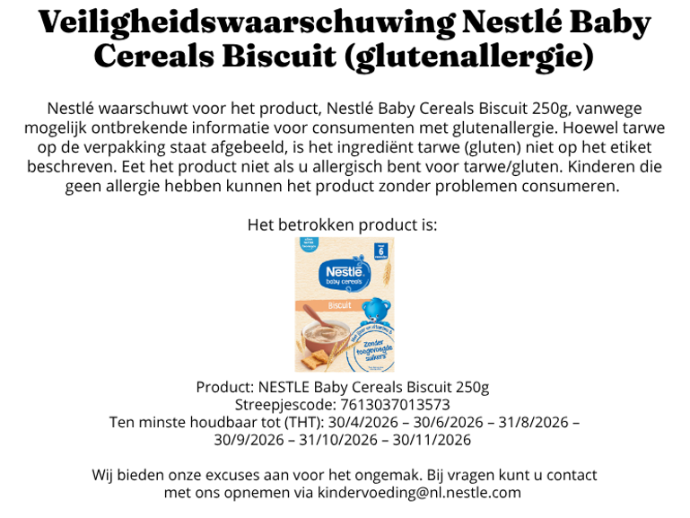 Veiligheidswaarschuwing Nestle baby cereals Biscuit
