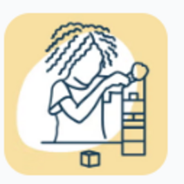 Illustration of child stacking blocks on a pale yellow rounded background